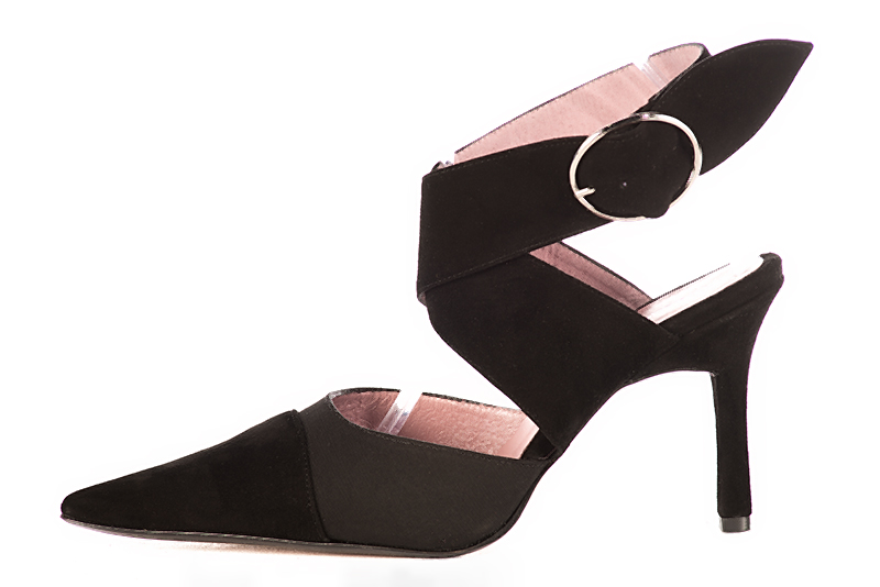 Matt black women's open back shoes, with crossed straps. Pointed toe. Very high slim heel. Profile view - Florence KOOIJMAN